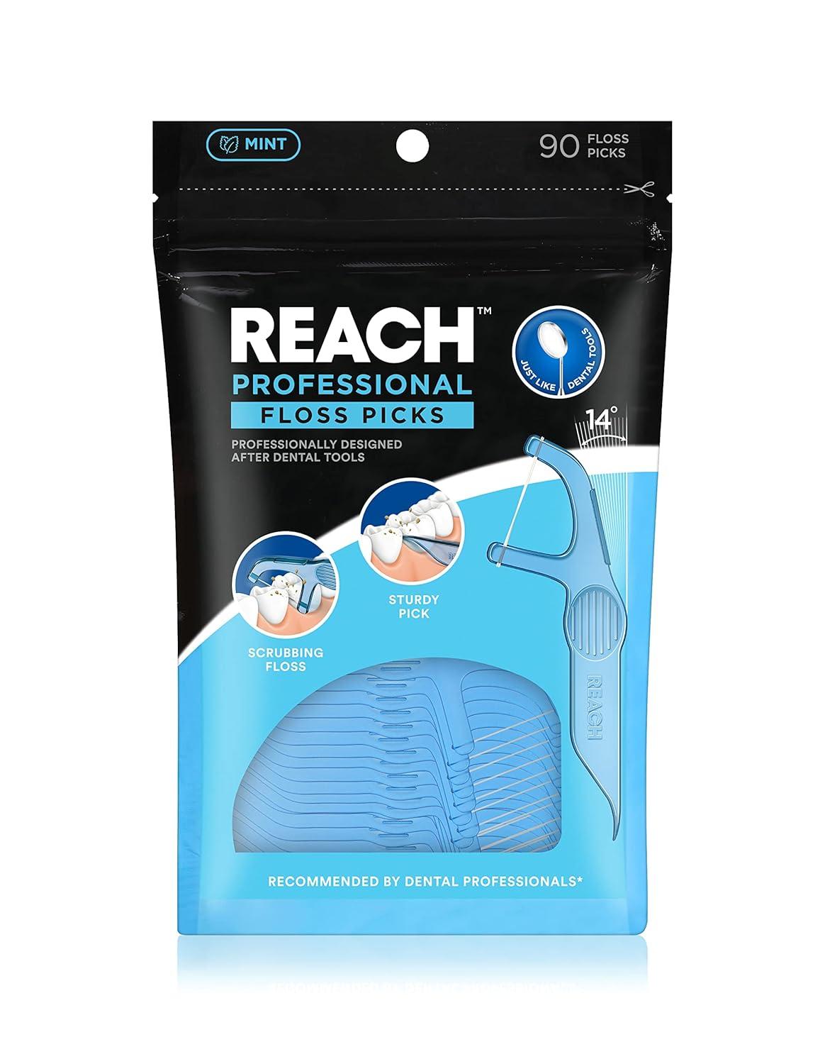 image:imageREACH Dental Floss Picks Mint Plaque Remover for Teeth for Hard to Reach Areas Easy Grip Handle Comfortable MultiUse Flosser for Adults Oral Care PFAS Free 90 Count15 Foot Pack of 12