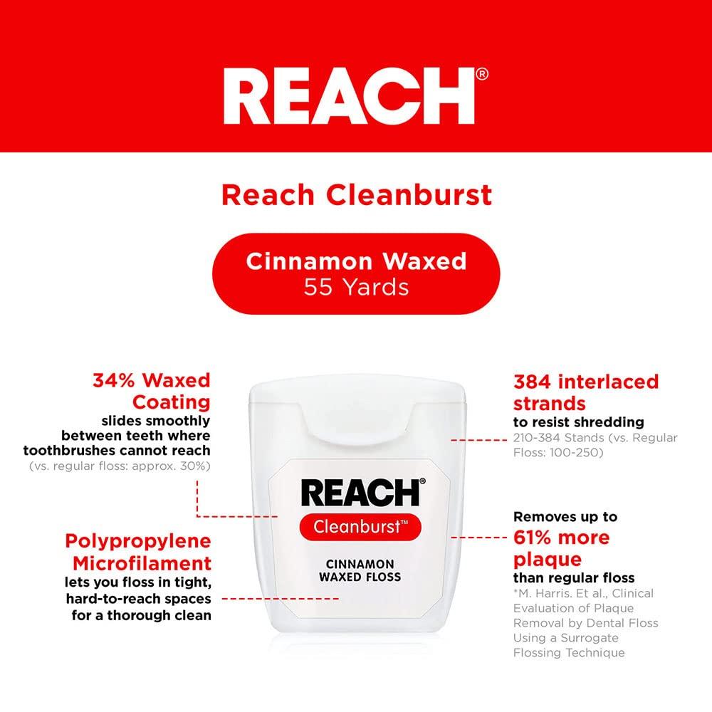 image:imageREACH Waxed Dental Floss Cinnamon Plaque Remover for Teeth Shred Resistant Floss Slides Smoothly Easy to Use Waxed Deep Cleaning Teeth Oral Care PFAS Free for Adults amp Kids 1 Pack 55 yd4 Pack 55 yards
