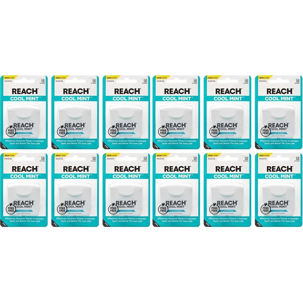 image:imageREACH Cool Mint Dental Floss Fresh Mint Plaque Remover for Teeth Shred Resistant Waxed Easy on Gums amp Teeth Fresh Breath Oral Care PFAS Free for Adults amp Kids 6 Pack 55 yd165 Foot Pack of 12