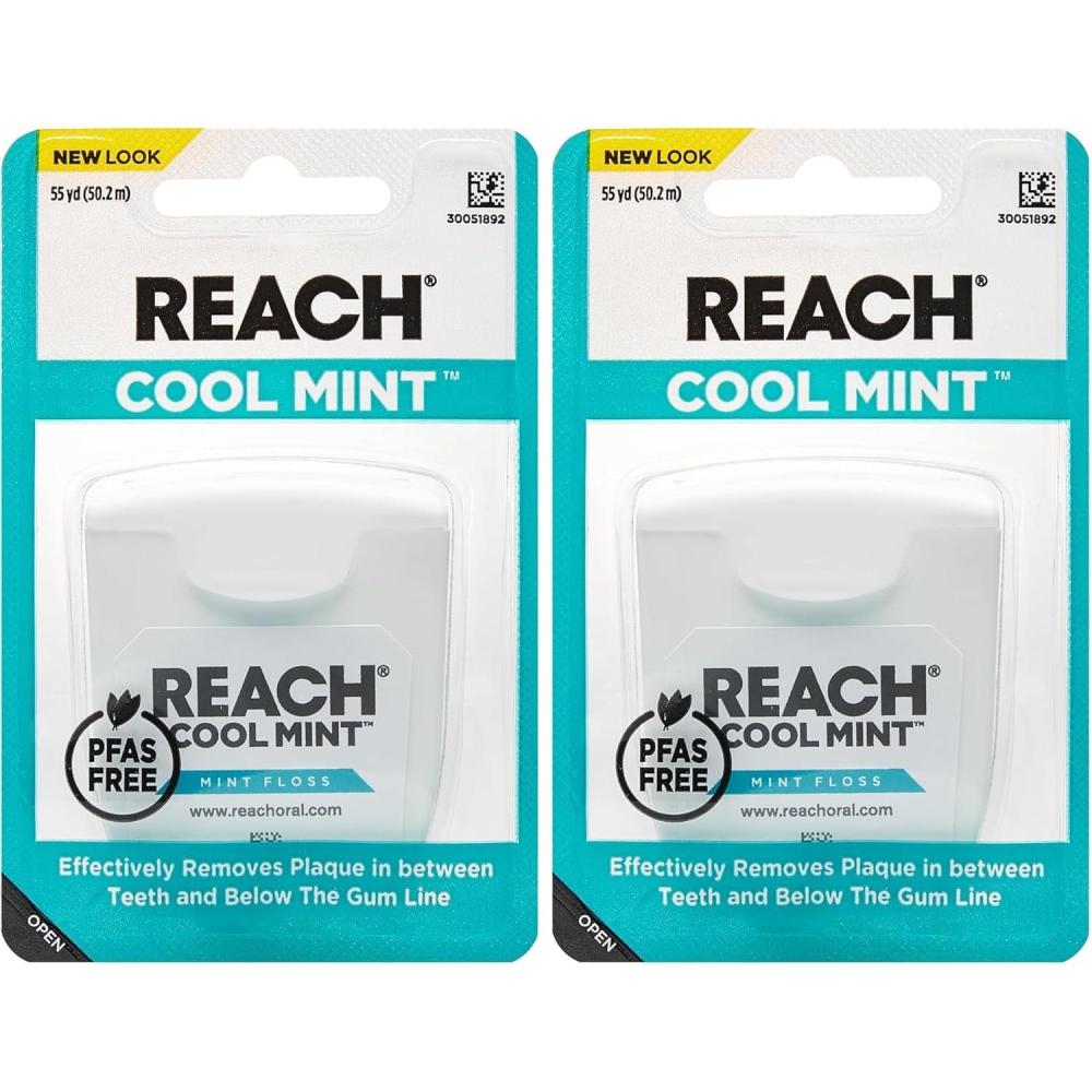 image:imageREACH Cool Mint Dental Floss Fresh Mint Plaque Remover for Teeth Shred Resistant Waxed Easy on Gums amp Teeth Fresh Breath Oral Care PFAS Free for Adults amp Kids 6 Pack 55 yd165 Foot Pack of 2