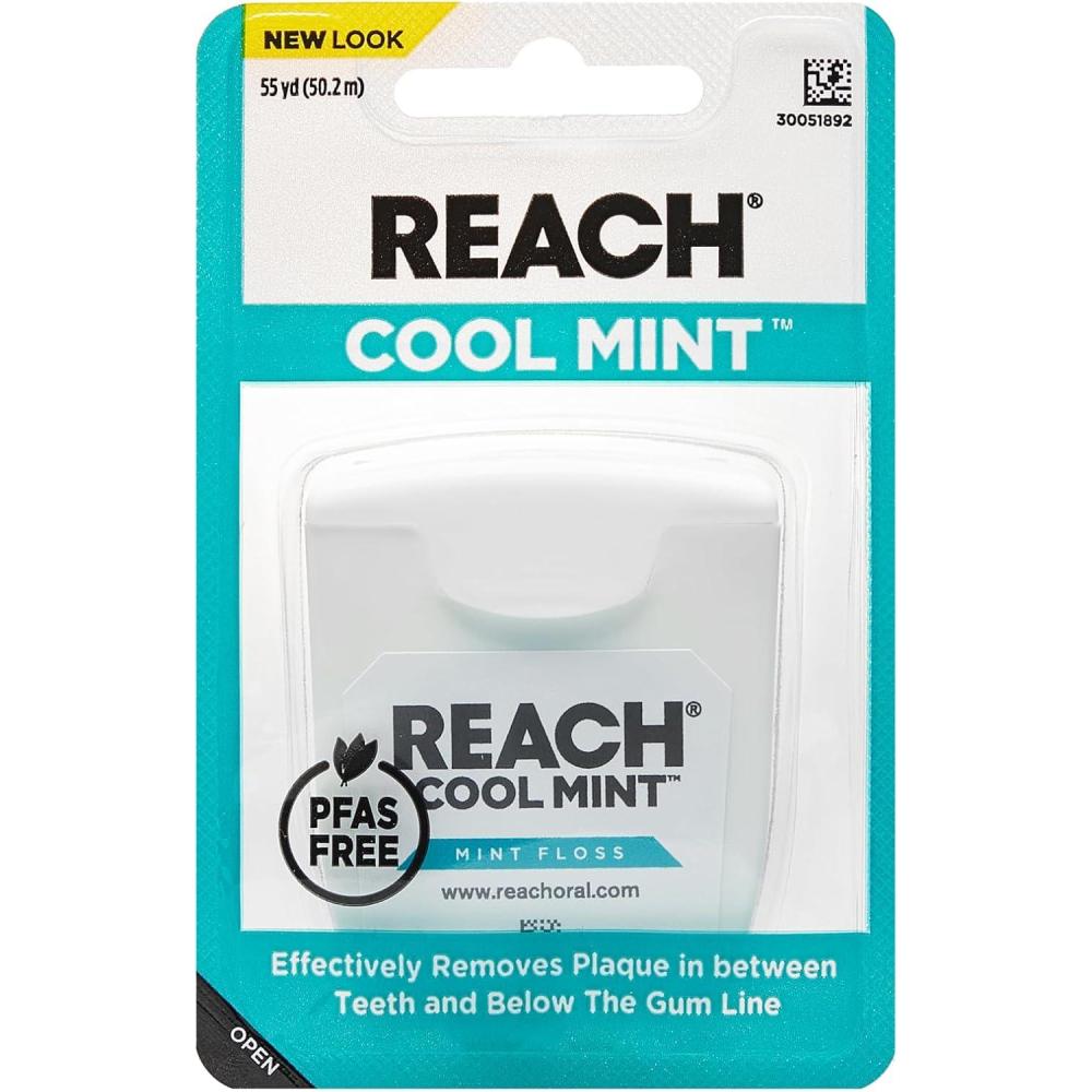 image:imageREACH Cool Mint Dental Floss Fresh Mint Plaque Remover for Teeth Shred Resistant Waxed Easy on Gums amp Teeth Fresh Breath Oral Care PFAS Free for Adults amp Kids 6 Pack 55 yd165 Foot Pack of 1