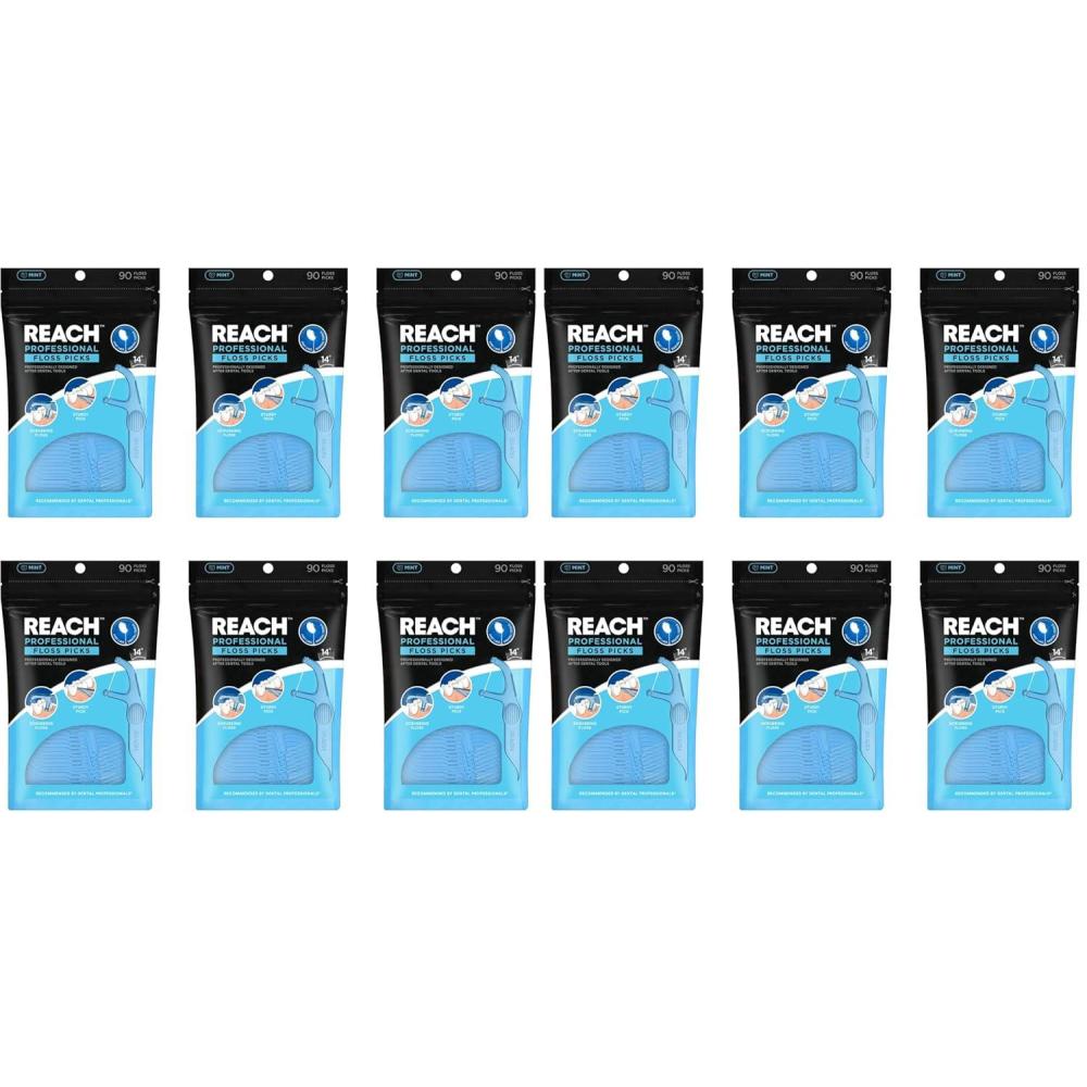 image:imageREACH Dental Floss Picks Mint Plaque Remover for Teeth for Hard to Reach Areas Easy Grip Handle Comfortable MultiUse Flosser for Adults Oral Care PFAS Free 90 Count15 Foot Pack of 12