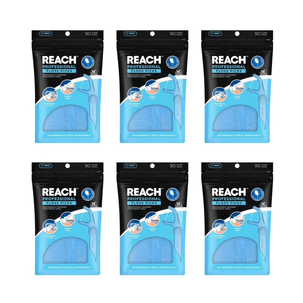 image:imageREACH Dental Floss Picks Mint Plaque Remover for Teeth for Hard to Reach Areas Easy Grip Handle Comfortable MultiUse Flosser for Adults Oral Care PFAS Free 90 Count15 Foot Pack of 6