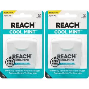 REACH Cool Mint Dental Floss, Fresh Mint, Plaque Remover for Teeth, Shred Resistant, Waxed, Easy on Gums & Teeth, Fresh Breath, Oral Care, PFAS Free, for Adults & Kids, 6 Pack, 55 yd(165 Foot (Pack of 2))