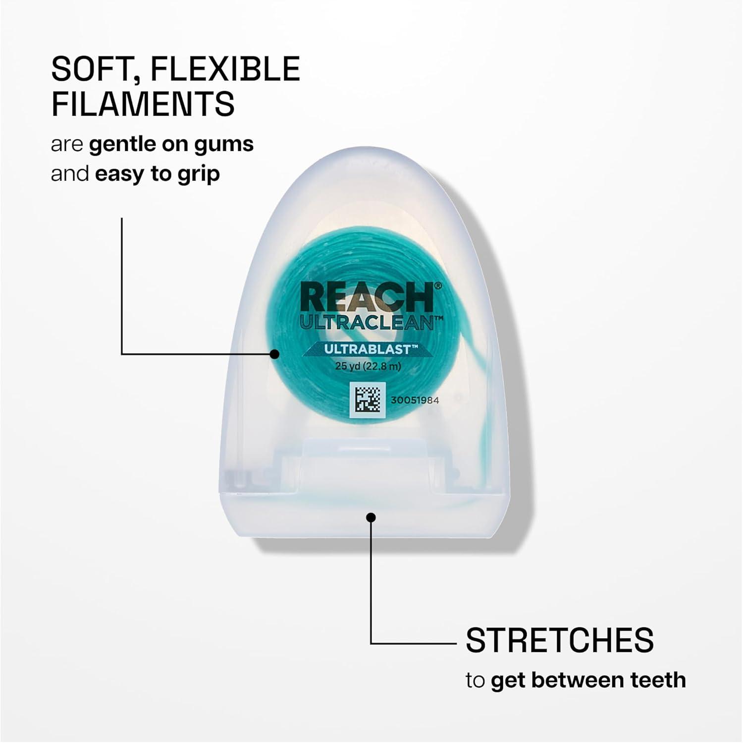 image:imageREACH ULTRACLEAN ULTRABLAST Cool Mint Dental Floss Plaque Remover for Teeth Shred Resistant Waxed Easy on Gums amp Teeth Fresh Breath Oral Care PFAS Free for Adults amp Kids 3 PK 25 YD
