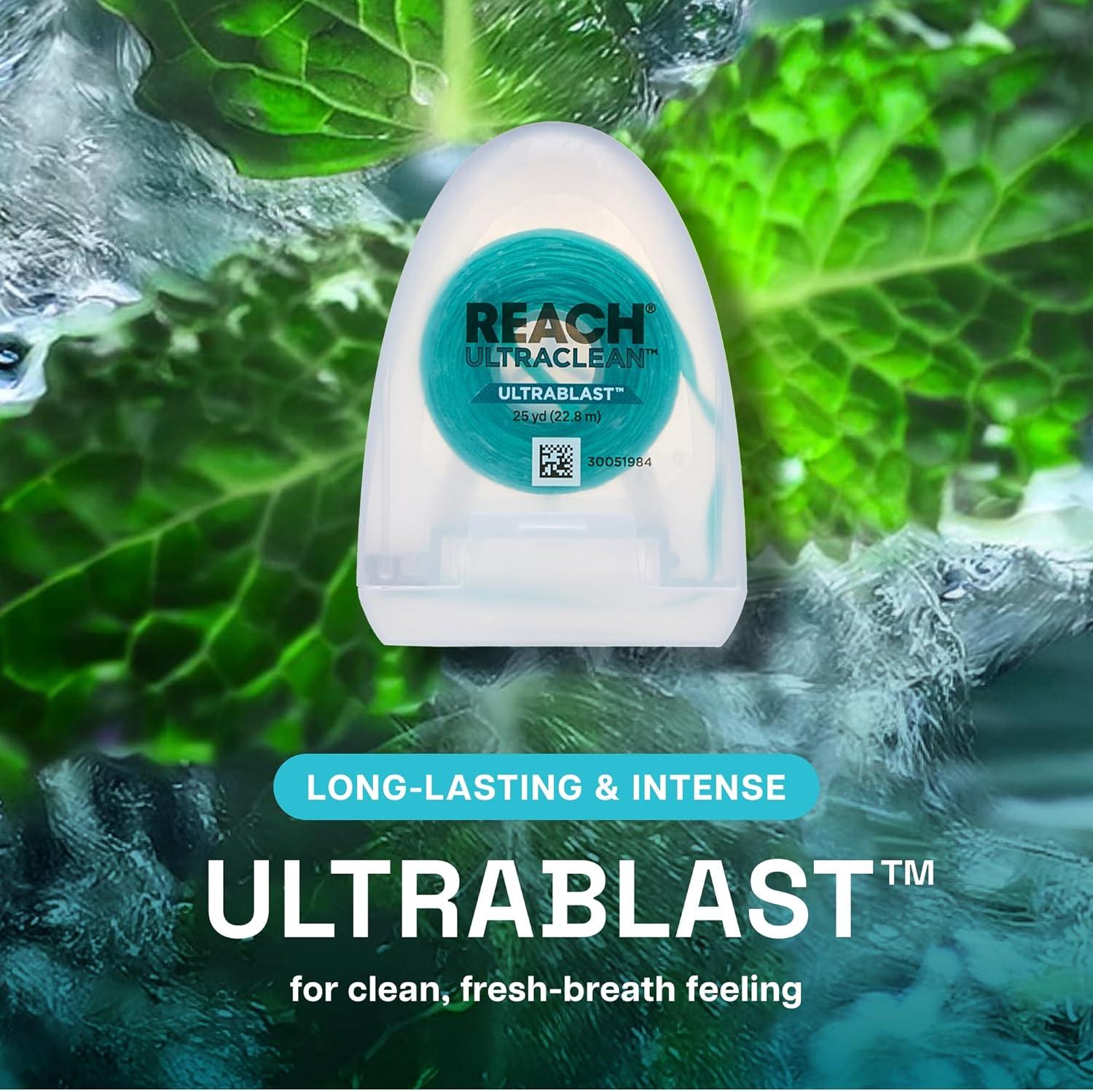 image:imageREACH ULTRACLEAN ULTRABLAST Cool Mint Dental Floss Plaque Remover for Teeth Shred Resistant Waxed Easy on Gums amp Teeth Fresh Breath Oral Care PFAS Free for Adults amp Kids 3 PK 25 YD