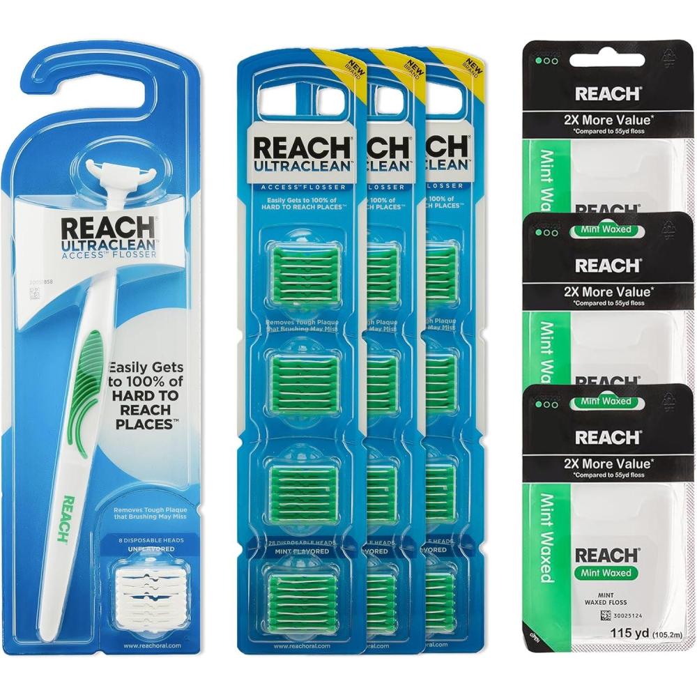 image:imageREACH Mint Fresh Oral Hygiene Bundle Access Flosser Kit 1 Flosser 92 Heads Waxed Mint Dental Floss 3 Pack 115 yd PFAS Free Plaque Remover Oral Care for Adults amp Kids