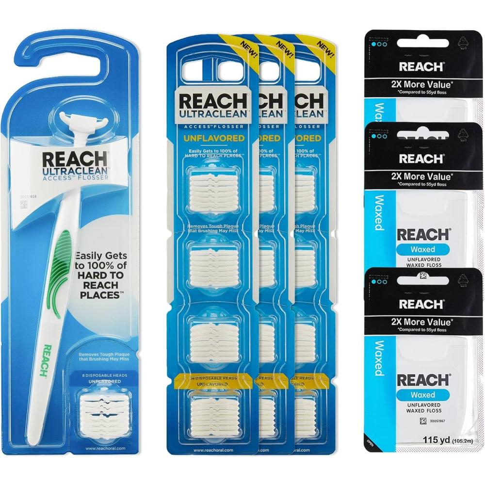 image:imageREACH Unflavored Oral Hygiene Bundle Access Flosser Kit 1 Flosser 92 Heads Waxed Dental Floss Unflavored 3 Pack 115yd PFAS Free Plaque Remover Oral Care for Adults amp Kids