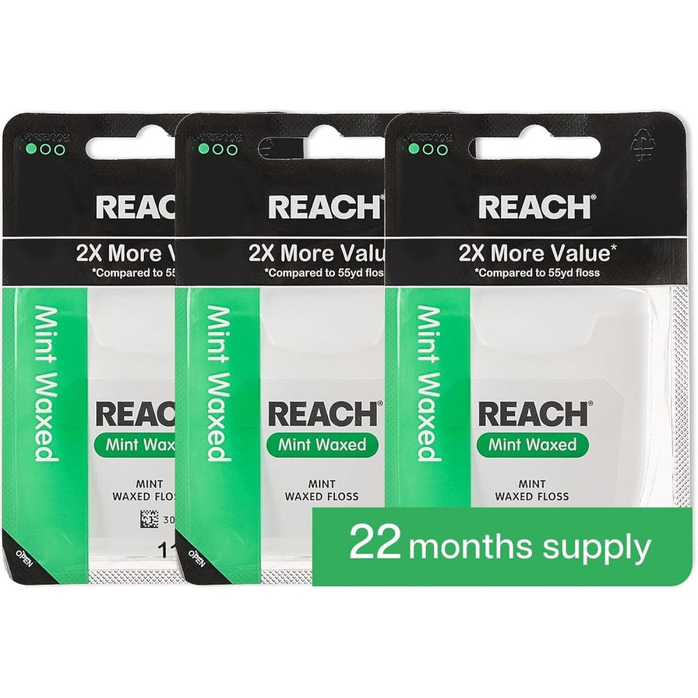 image:imageREACH Waxed Dental Floss 2X More Value Plaque Remover for Teeth Shred Resistant Floss Slides Smoothly Easy to Use Waxed for Adults amp Kids Oral Care PFAS Free 3 Pack 115 yd MintMint Waxed
