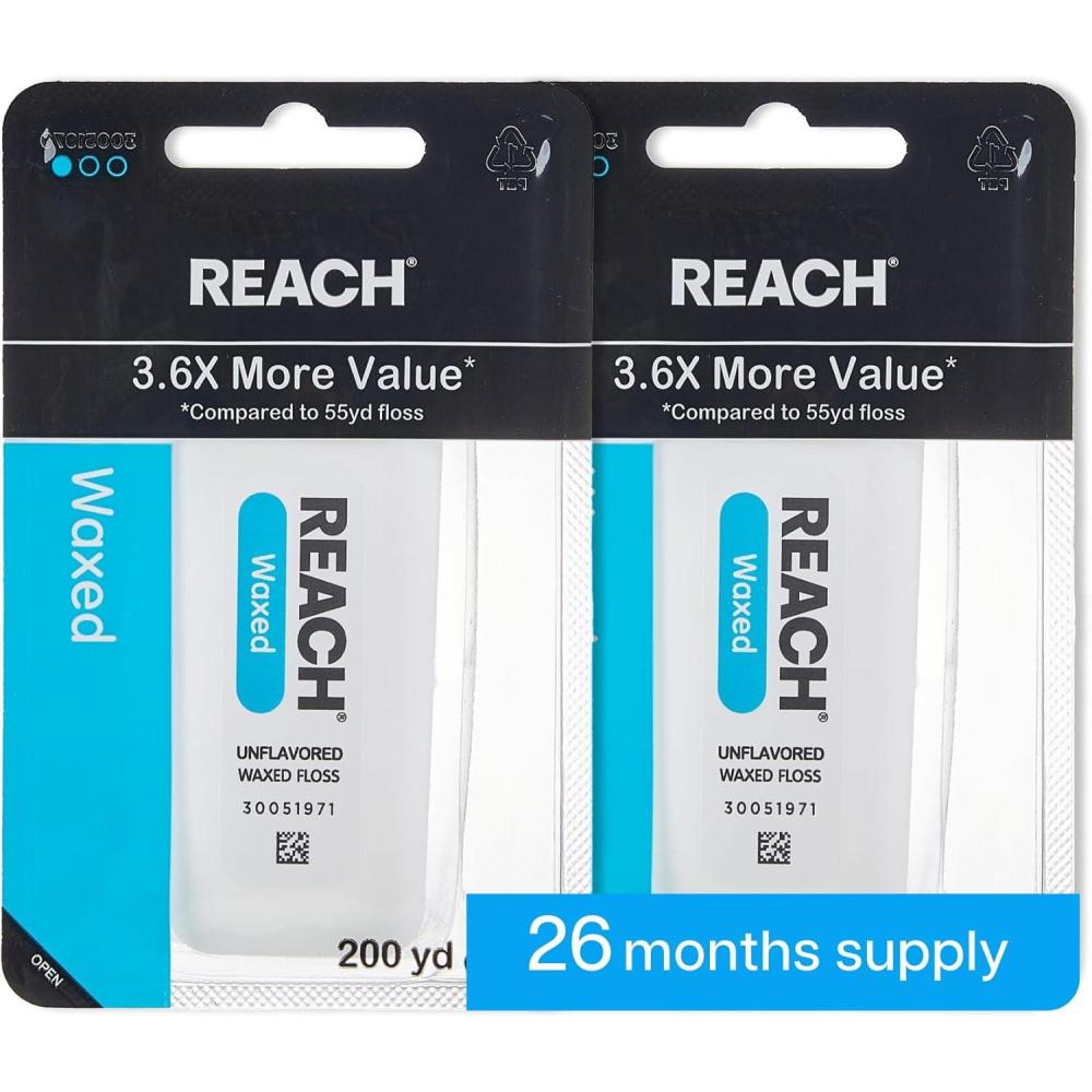 image:imageREACH Waxed Dental Floss Unflavored 36X More Value Plaque Remover for Teeth Shred Resistant Floss Slides Smoothly Easy to Use Waxed Oral Care PFAS Free for Adults amp Kids 2 Pack 200 yd