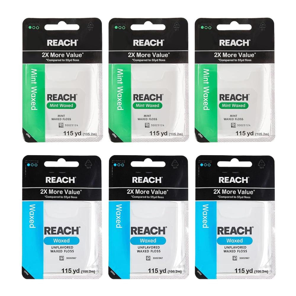 image:imageREACH Waxed Dental Floss Unflavored amp Mint Plaque Remover for Teeth Shred Resistant Floss Slides Smoothly Easy to Use Waxed for Adults amp Kids Oral Care PFAS Free 6 Pack 115 yd