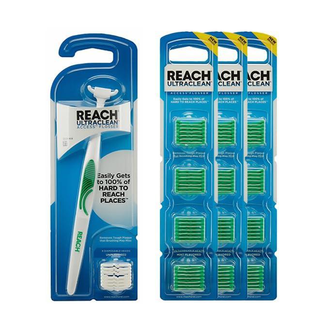 image:imageReach Ultraclean Access Flosser Bundle Unflavored Plaque Remover for Teeth for Hard to Reach Areas Oral Care PFASFree 1 Flosser Starter Kit 3 Packs Refill HeadsMint