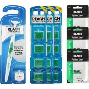 REACH Mint Fresh Oral Hygiene Bundle – Access Flosser Kit (1 Flosser + 92 Heads) + Waxed Mint Dental Floss (3 Pack, 115 yd), PFAS Free, Plaque Remover, Oral Care for Adults & Kids