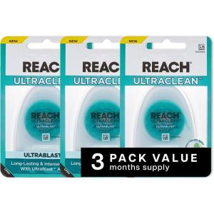 REACH® ULTRACLEAN ULTRABLAST, Cool Mint Dental Floss, Plaque Remover for Teeth, Shred Resistant, Waxed, Easy on Gums & Teeth, Fresh Breath, Oral Care, PFAS Free, for Adults & Kids, 3 PK, 25 YD