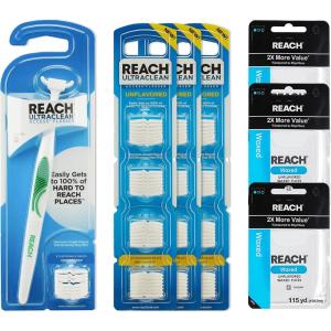 REACH Unflavored Oral Hygiene Bundle – Access Flosser Kit (1 Flosser + 92 Heads) + Waxed Dental Floss Unflavored (3 Pack, 115yd), PFAS Free, Plaque Remover, Oral Care for Adults & Kids