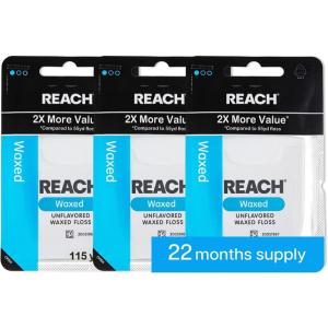 REACH Waxed Dental Floss, 2X More Value, Plaque Remover for Teeth, Shred Resistant, Floss Slides Smoothly, Easy to Use, Waxed, for Adults & Kids, Oral Care, PFAS Free, 3 Pack, 115 yd, Mint(Waxed)