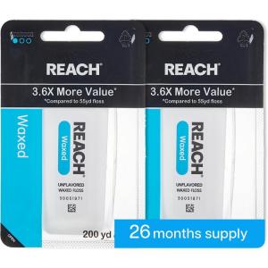 REACH Waxed Dental Floss, Unflavored, 3.6X More Value, Plaque Remover for Teeth, Shred Resistant, Floss Slides Smoothly, Easy to Use, Waxed, Oral Care, PFAS Free, for Adults & Kids, 2 Pack, 200 yd