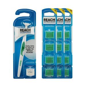Reach Ultraclean Access Flosser Bundle, Unflavored, Plaque Remover for Teeth, for Hard to Reach Areas, Oral Care, PFAS-Free, 1 Flosser Starter Kit + 3 Packs Refill Heads(Mint)