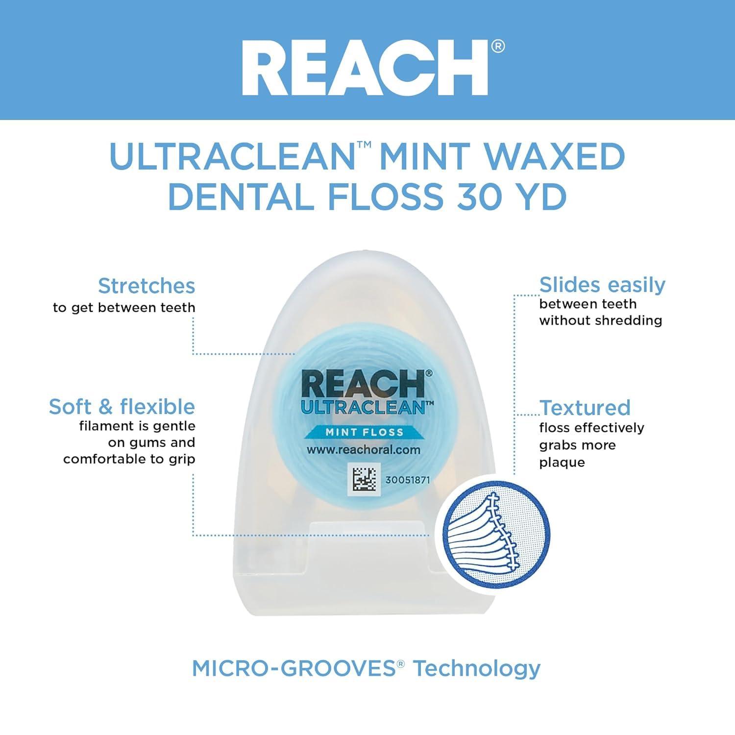 image:imageREACH Ultraclean Dental Floss Mint Plaque Remover for Teeth Shred Resistant Waxed Easy on Gums amp Teeth Mint Oral Care PFAS Free for Adults amp Kids 1 Pack 30 yd90 Foot Pack of 2