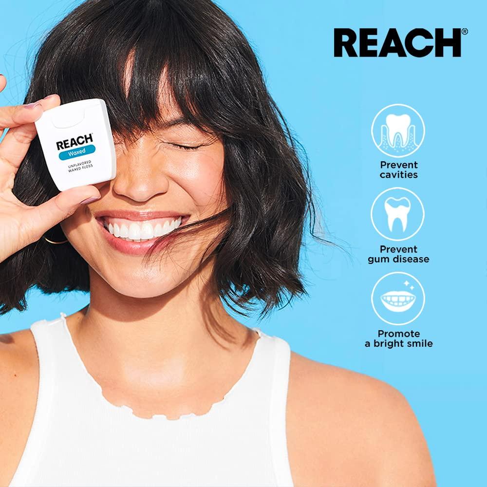 image:imageREACH Waxed Dental Floss Mint Plaque Remover for Teeth Shred Resistant Floss Slides Smoothly Easy to Use Waxed Deep Cleaning Teeth Oral Care PFAS Free for Adults amp Kids 1 Pack 200 yd600 Foot Pack of 2