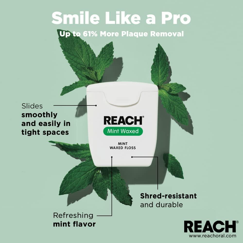 image:imageREACH Waxed Dental Floss Mint Plaque Remover for Teeth Shred Resistant Floss Slides Smoothly Easy to Use Waxed Deep Cleaning Teeth Oral Care PFAS Free for Adults amp Kids 1 Pack 200 yd200 Foot Pack of 3