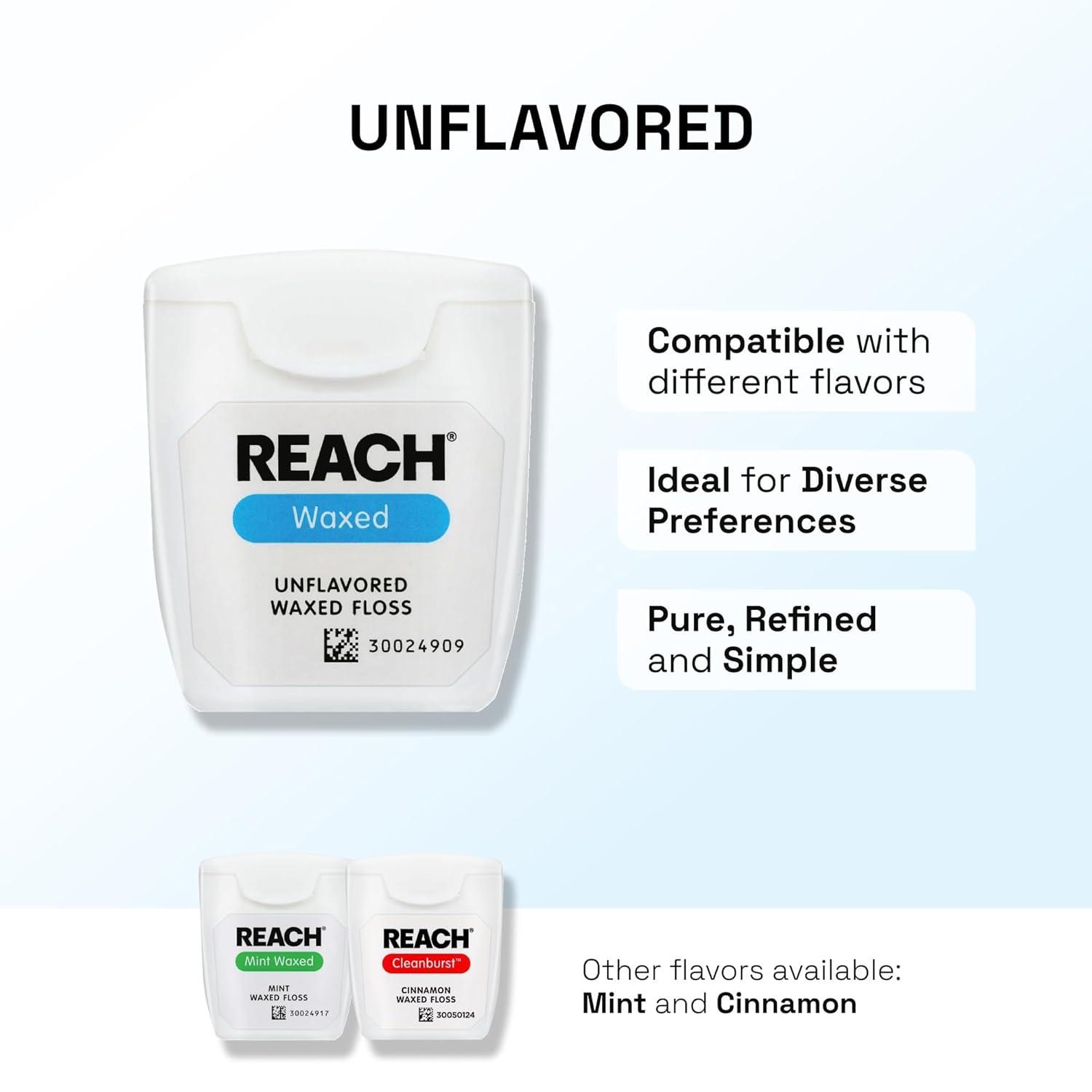 image:imageREACH Waxed Dental Floss Unflavored Plaque Remover for Teeth Shred Resistant Floss Slides Smoothly Easy to Use Waxed Deep Cleaning Teeth Oral Care PFAS Free for Adults amp Kids 6 Pack 55 yd165 Foot Pack of 1