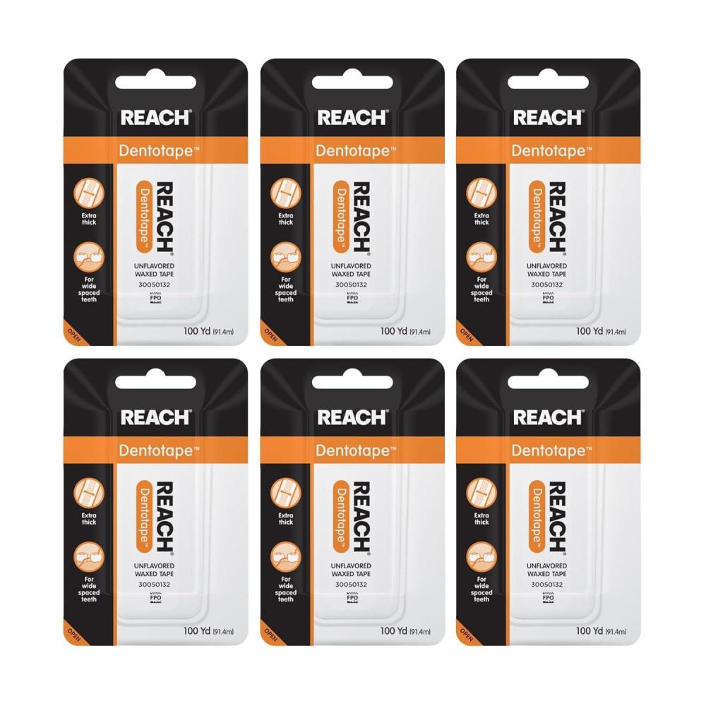 image:imageREACH Dentotape Waxed Dental Floss Tape Unflavored Extra Wide Floss Shred amp Frey Resistant Plaque Remover for Teeth Easy on Gums amp Teeth Oral Care PFAS Free for Adults amp Kids 1 Pack 100 yd300 Foot Pack of 6