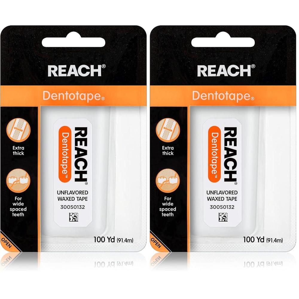 image:imageREACH Dentotape Waxed Dental Floss Tape Unflavored Extra Wide Floss Shred amp Frey Resistant Plaque Remover for Teeth Easy on Gums amp Teeth Oral Care PFAS Free for Adults amp Kids 1 Pack 100 yd300 Foot Pack of 2