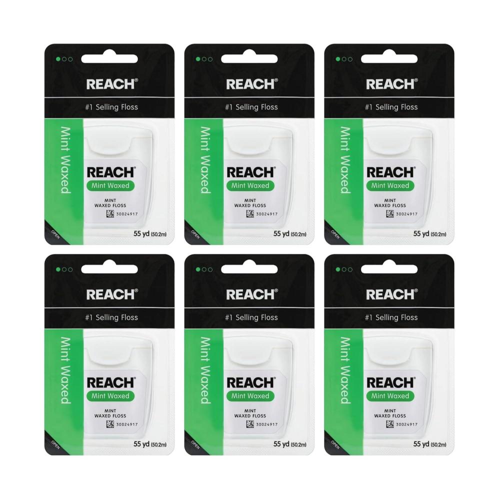 image:imageREACH Waxed Dental Floss Mint Plaque Remover for Teeth Shred Resistant Floss Slides Smoothly Easy to Use Waxed Deep Cleaning Teeth Oral Care PFAS Free for Adults amp Kids 6 Pack 55 yd165 Foot Pack of 6