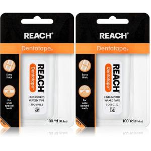 REACH Dentotape Waxed Dental Floss Tape, Unflavored, Extra Wide Floss, Shred & Frey Resistant, Plaque Remover for Teeth, Easy on Gums & Teeth, Oral Care, PFAS Free, for Adults & Kids, 1 Pack, 100 yd(300 Foot (Pack of 2))
