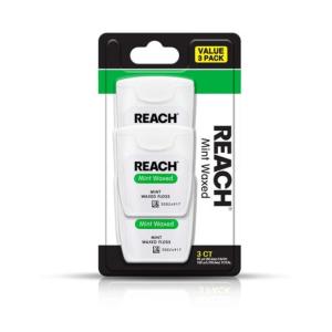REACH Waxed Dental Floss, Mint, Plaque Remover for Teeth, Shred Resistant, Floss Slides Smoothly, Easy to Use, Waxed, Deep Cleaning Teeth, Oral Care, PFAS Free, for Adults & Kids, 3 Pack, 55 yd(495 Foot (Pack of 3))