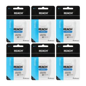 REACH Waxed Dental Floss, Unflavored, Plaque Remover for Teeth, Shred Resistant, Floss Slides Smoothly, Easy to Use, Waxed, Deep Cleaning Teeth, Oral Care, PFAS Free, for Adults & Kids, 6 Pack, 55 yd(990 Foot (Pack of 6))