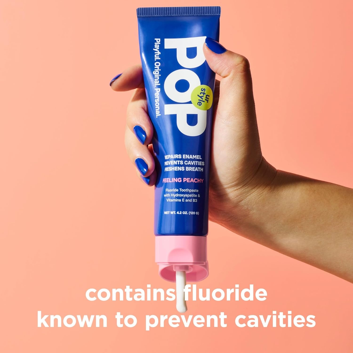 image:imagePOP Feeling Peachy Fluoride Toothpaste with Hydroxyapatite amp Vitamins E amp B3 Natural Niacinamide Teeth Whitening amp Plaque Remover Formula Bathroom amp Travel Size Essentials 42 Oz
