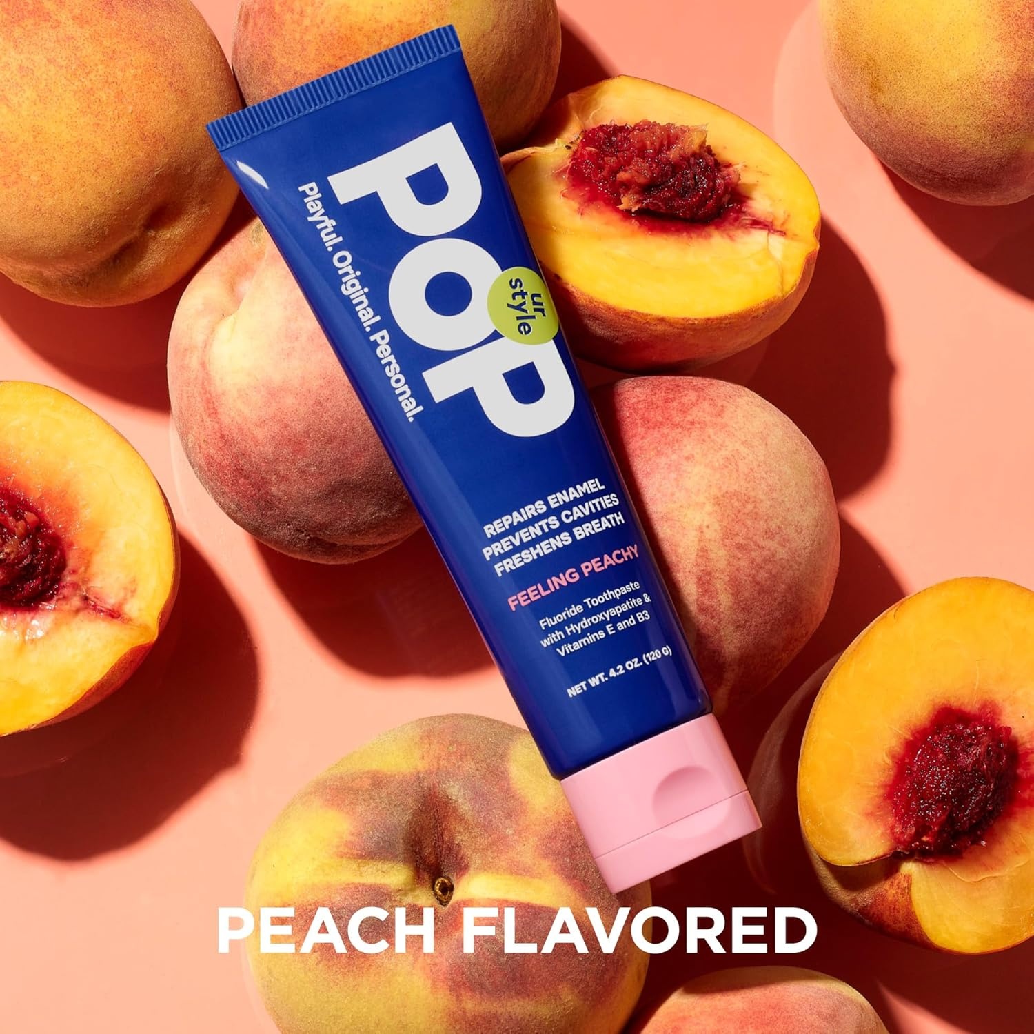 image:imagePOP Feeling Peachy Fluoride Toothpaste with Hydroxyapatite amp Vitamins E amp B3 Natural Niacinamide Teeth Whitening amp Plaque Remover Formula Bathroom amp Travel Size Essentials 42 Oz